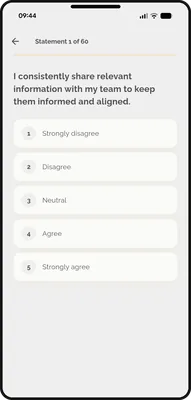 LeadWise self-assessment screen showing statement 1 of 60 with a five-point scale from Strongly disagree to Strongly agree
